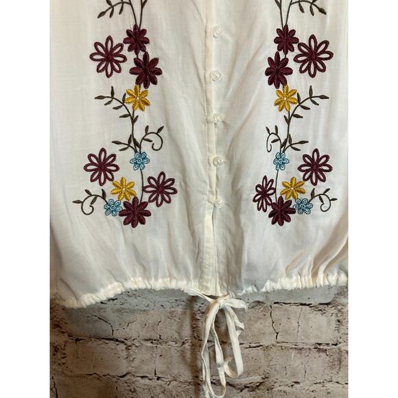 Cato Peasant Top Women Medium Ivory Floral Embroidered Tie Waist Cottage Prairie - Picture 7 of 13
